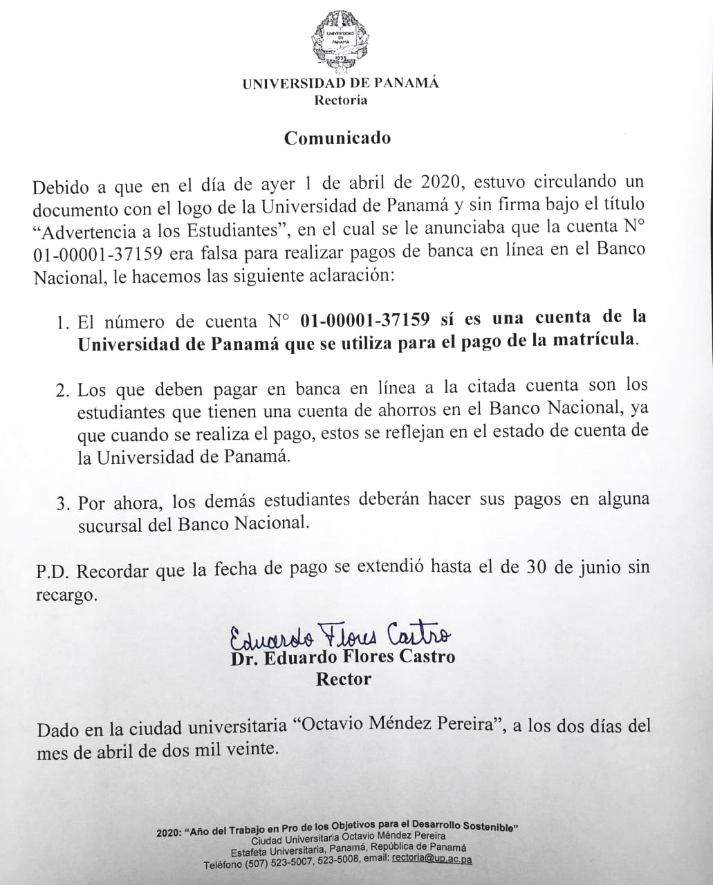 Información oficial sobre el pago de la matrícula en la Universidad de Panamá